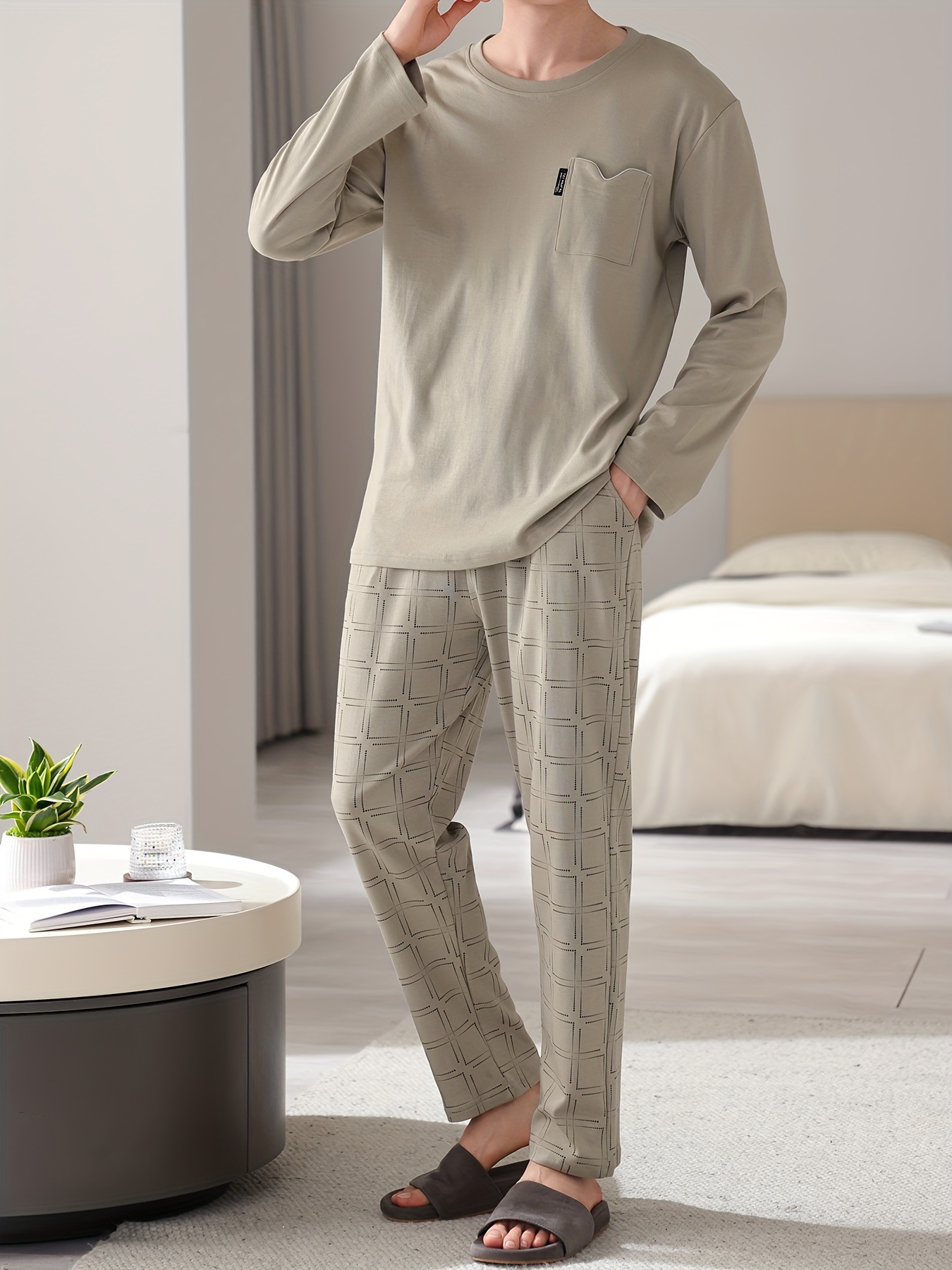 1set Men'S Casual Cotton Pajama Set, Long Sleeve Round Neck Sleepwear with Pockets, Loose Fit Knitted Pullover for Spring/Autumn - Comfortable Thin Cotton Outfit