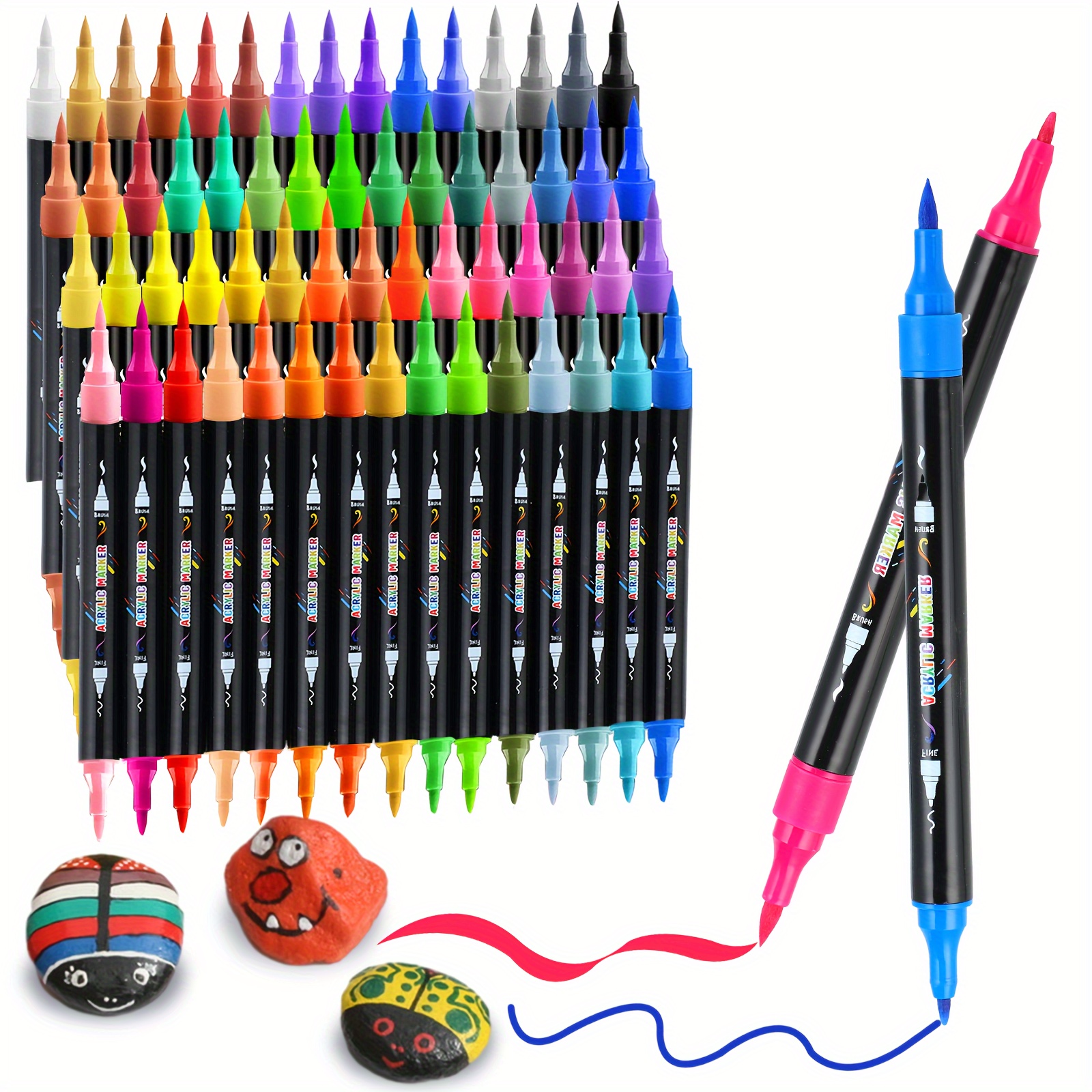 

60 Colors Acrylic Paint Pens, Dual Tip Acrylic Paint Markers With Brush And , Wood, Canvas, Stone, Rock Painting, Glass, Ceramic , Diy Crafts Making.