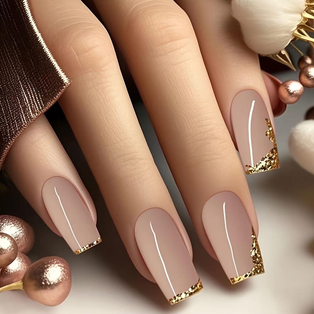 TEMU Faux Ongles à Coller Dorés Pailletés Style Français, 24pcs, Ongles Faux Carrés de Longueur Moyenne, Embouts d'Ongles Faciles et Élégants