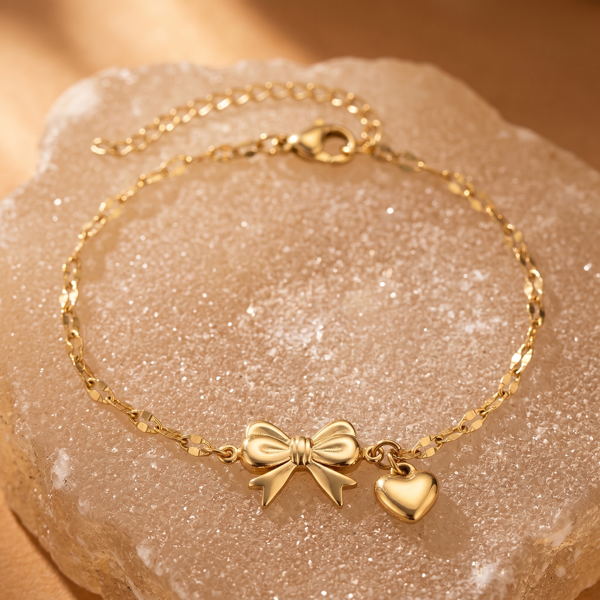 Image of Bow Shaped Heart Pendant Stainless Steel Bracelet, Delicate Textured Chain, Women's Fashion Jewelry. Perfect For Daily Wear And Sweet Styling, Minimalist Yet Elegant, Versatile For Niche Fashion