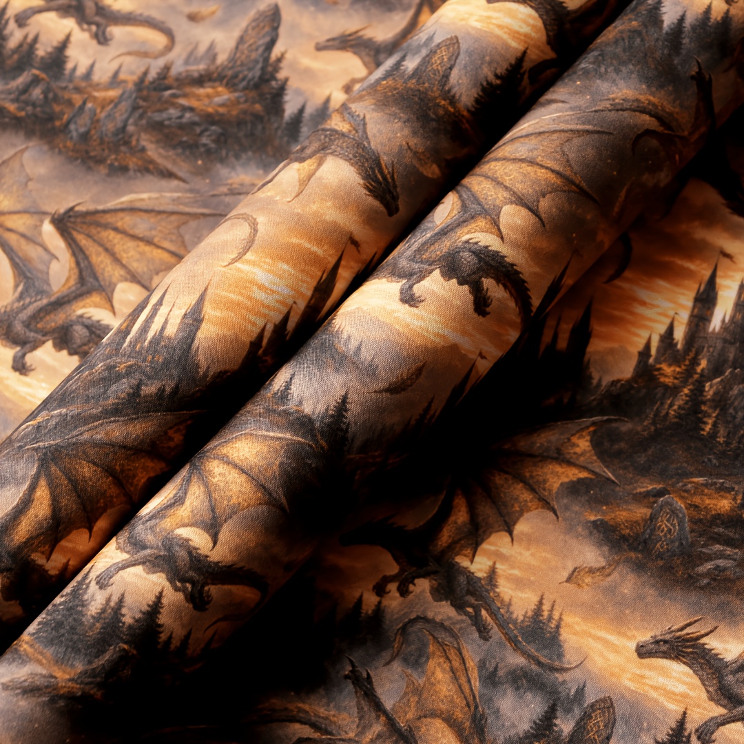 TEMU Vintage Dragon Print Fabric, Medieval Fantasy Dragon & Castle Printed Fabric, Vintage Sunset Mountain Style, Vibrant-colored Fabric With Soft &