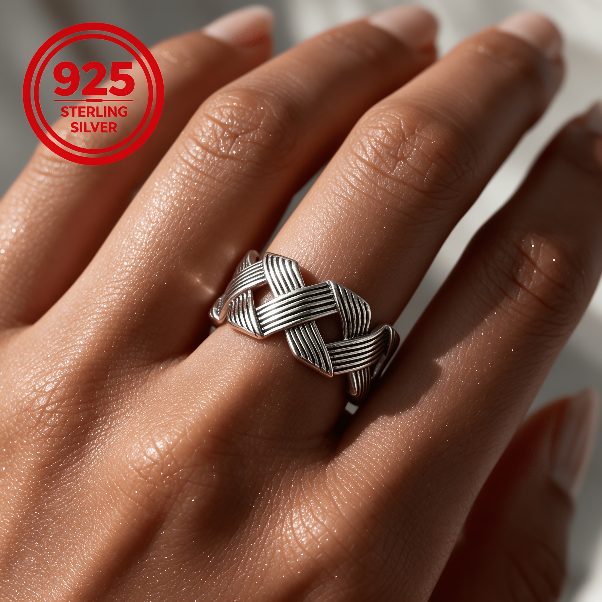 Women's 925 Silver Textured Cross Braid Woven Ring