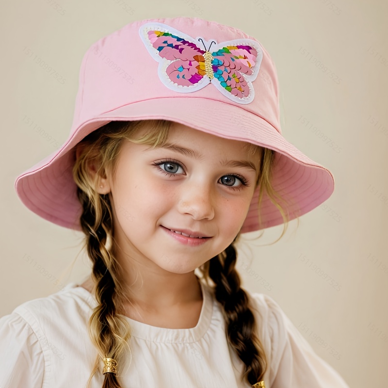 A Girls' /' Bucket Hat With Sequin Bow, New Summer Sun Hat, Flat Top Bucket Hat For