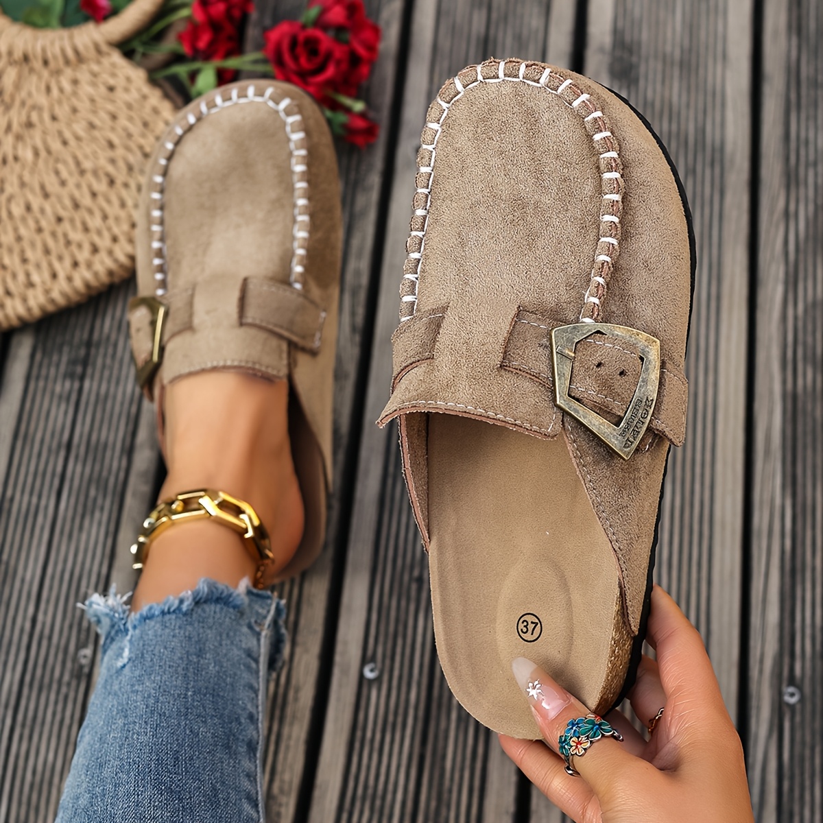 TEMU Women's Mule New Line Same Cork Shoe Flat Eva, Easy Comfortable Casual Elegant, Premium Shoe, Suitable For Prom Evening, Women Shoes