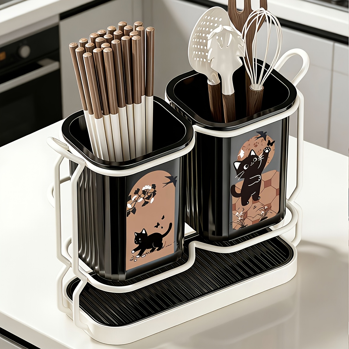 TEMU Étagère de Rangement pour Ustensiles de Cuisine avec 2 Seaux à Ustensiles, Convient pour Comptoir et Montage Mural, Dotée d'un Bac d'Égouttage