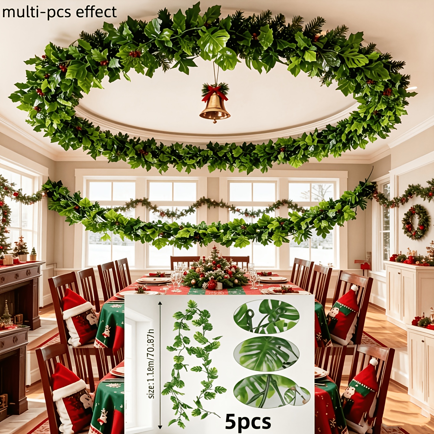 TEMU Extended Length 269.2 Inches = 5pcs Set - Artificial Tortoiseshell Pattern Rattan - Simulated Textured Evergreen Vine, Suitable For Christmas,