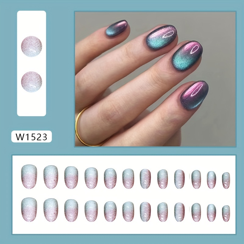 Cat Eye Gradient Color False Nail Nail Art Sheets European And American Cool False Nails Round Head Short Style Nail Sheets 24pcs