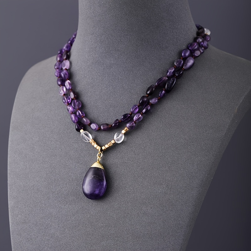 

Bohemian Style Amethyst Bead Necklace With Teardrop Pendant – Elegant Purple And Golden Chain For Casual Attire, Bohemian Jewelry