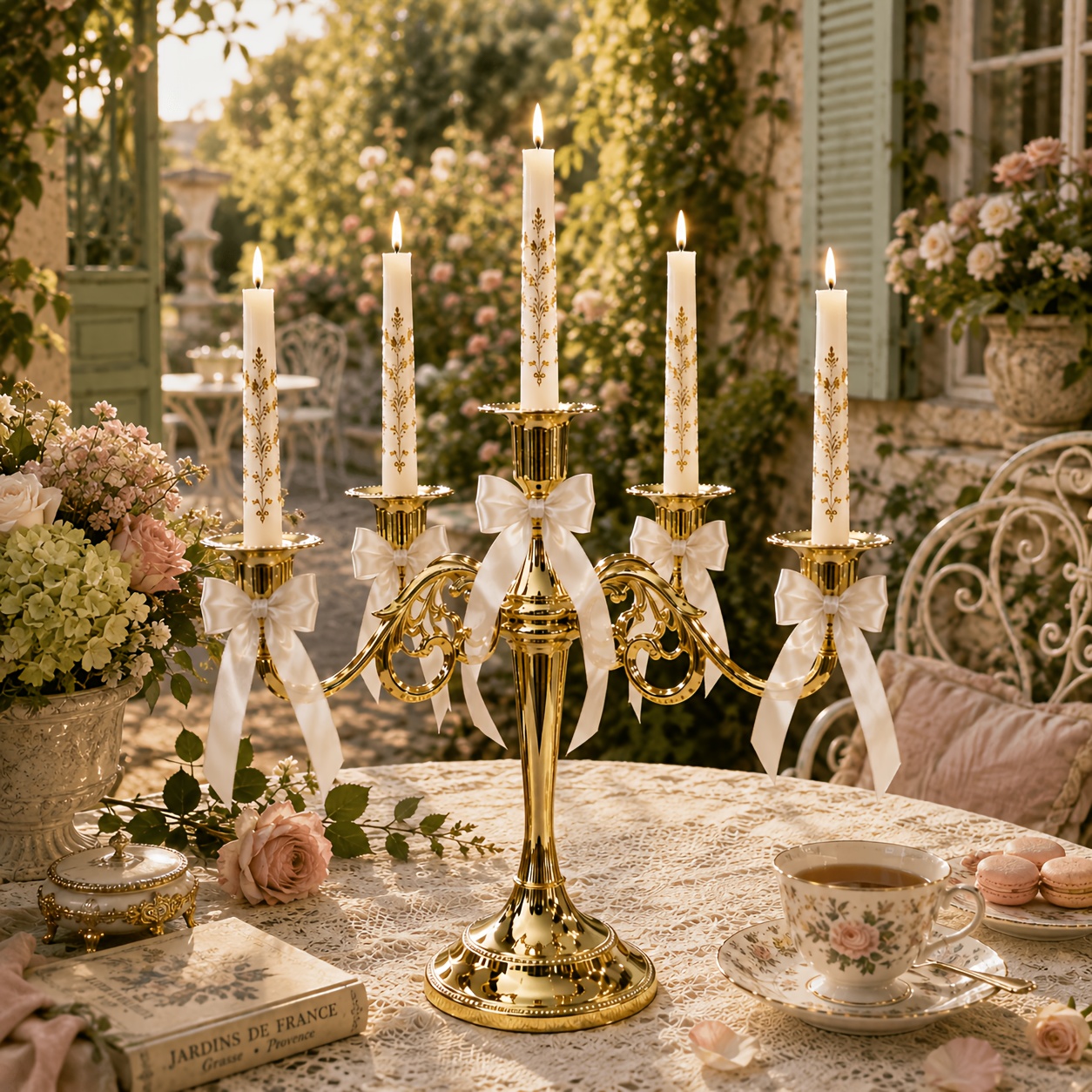 TEMU 1pc Five-head Light Luxury Vintage-style Exquisite Thickened Rust-proof Candle Holder, With 5 White Bows. A Decorative Piece For Ambiance On