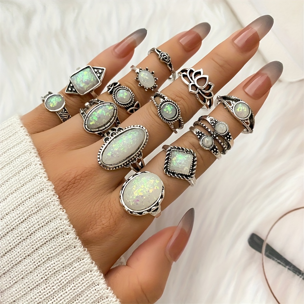 TEMU A 13pcs Set Of Women's Stylish Stacked Rings Featuring Vintage- With Stones, Holiday Parties, Vacations, And Everyday Wear