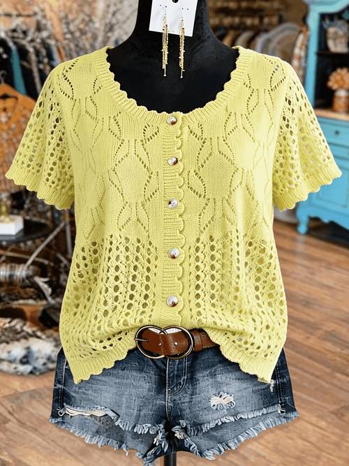 varebillede plus size - plus size dame boheme stil, forår og sommer hæklet kortærmet rund hals cardigan, dame sommer toppe, dame bluser, casual loungewear, letvægts toppe med knapper