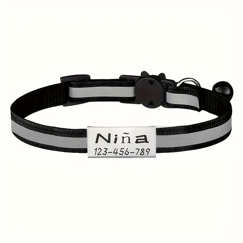 TEMU 1pc [personalized Cat Collar] Personalized Cat Collar With Reflective Strip - Customized Name And Cat Pattern, Adjustable, Soft And , Bright