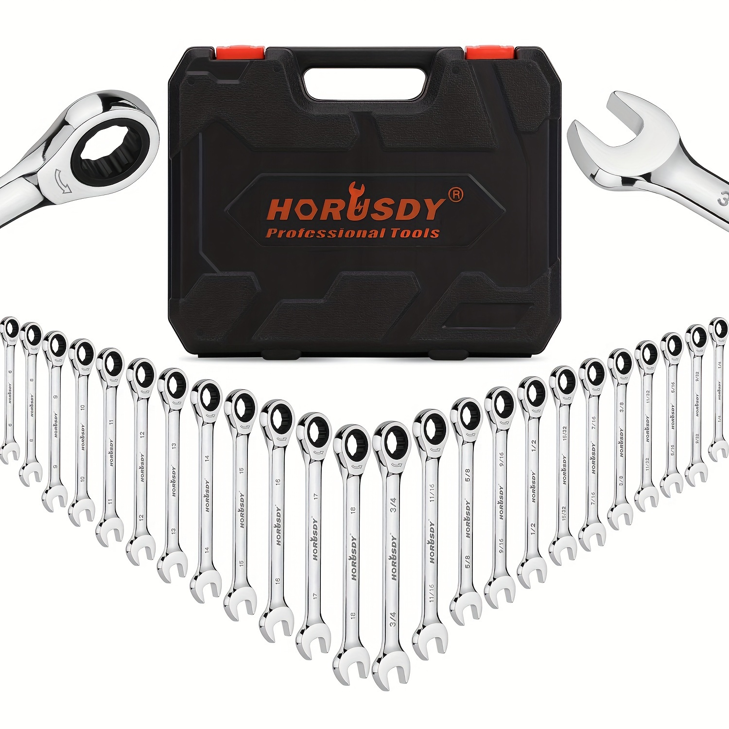 TEMU Horusdy 24pcs Ratcheting Combination Wrench Set In Sae Inch And Metric Sizes, Complete With A Storage Box, Featuring 72 Teeth And A 12- End,