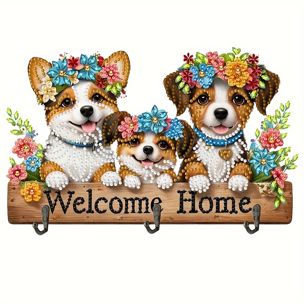 

Animal-themed Diamond Art Painting Kit With Pet Diamonds And Key Hooks - Welcome Home Sign With Adorable Dogs, Diy Craft Gift, Decorative Wall Art With Colorful & Irregular Shaped Diamonds