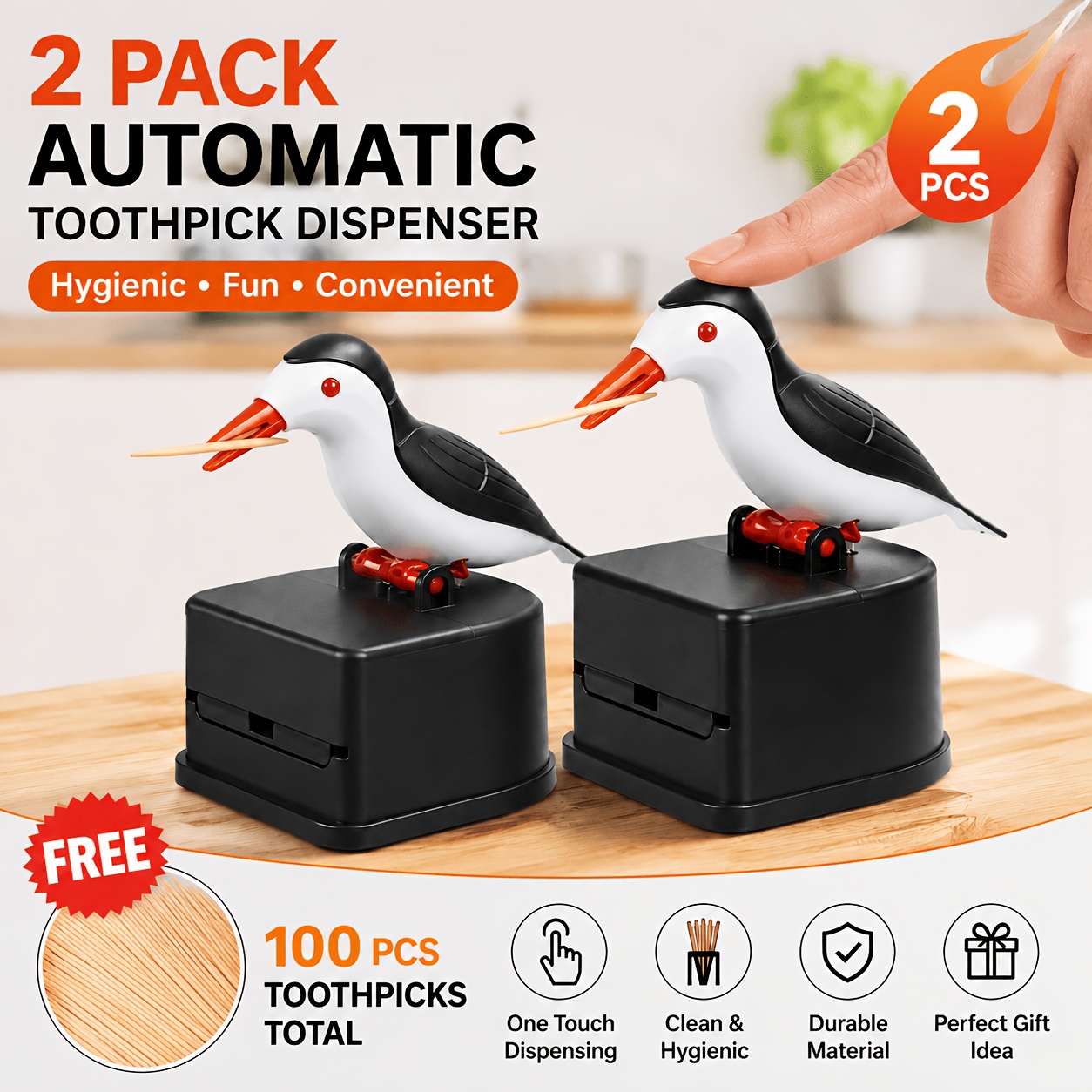 TEMU 2pcs Bird Automatic Toothpick Dispenser, -up Toothpick Holder With 100pcs Toothpicks, Cute Woodpecker Toothpick Box, Novelty Kitchen Table Decor