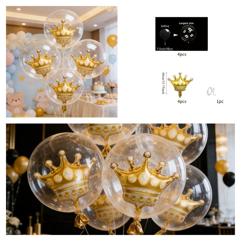 Image of 9pcs Party Balloons Set Includes 4pcs 18 Inch Clear Bobo Balloons + 4pcs Crown Balloons + 1 Ribbon For Birthday Wedding Bridal Gift Mother's Day Anniversary Graduation Indoor Outdoor Decoration
