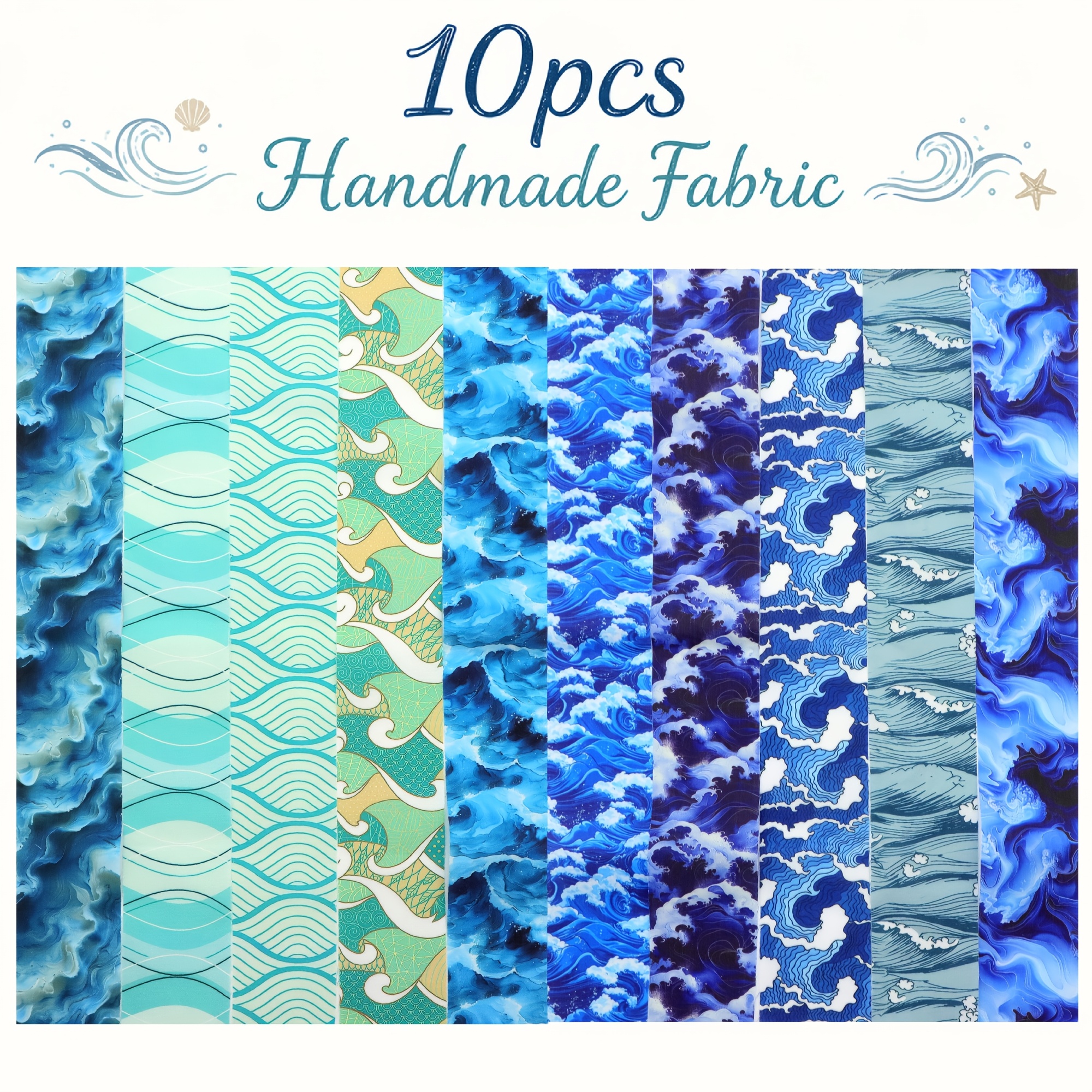 TEMU Lot de 10 pièces, 1 pièce par image, chaque taille : 6,3*50 cm, Série de l'Océan Bleu, Ensemble de tissus en tranches, Combinaison de styles,