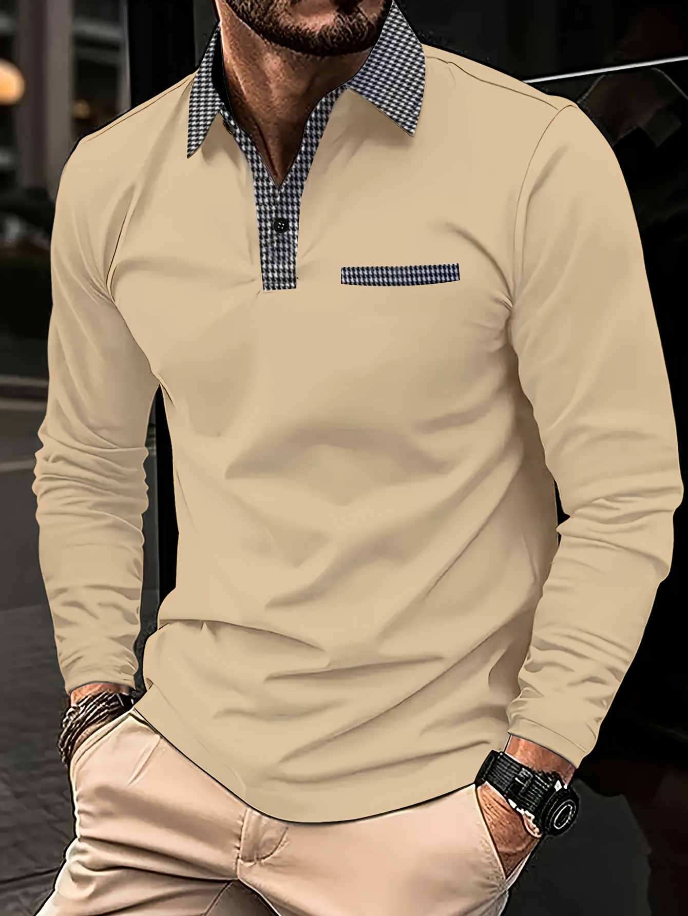 Erkek Büyük Beden Casual Uzun Kollu Polo Gömlek - %100 Polyester Knit Kumaş, Az Esnek, Normal Fit, İlkbahar/Sonbahar