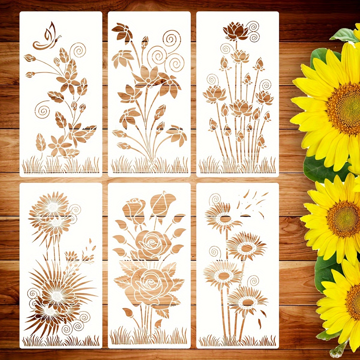 

6 Pcs. Charming Flower Stencils - Reusable, Scrapbooking & Coloring, Easy To Clean, Roses, Daisies, Lotus, Perfect For Diy Wood, Walls & Garden - 5.9x11.8inch