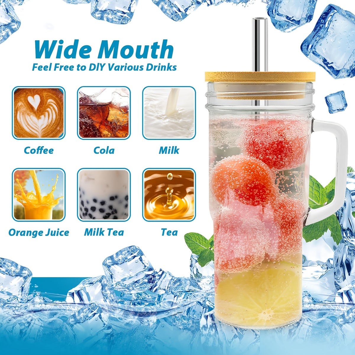2pcs 4pcs glass cups with lids and straws 24 oz mason jar drinking glasses tumbler with handle brush reusable iced coffee cups boba tea smoothie cups mothers day gifts Product details 4
