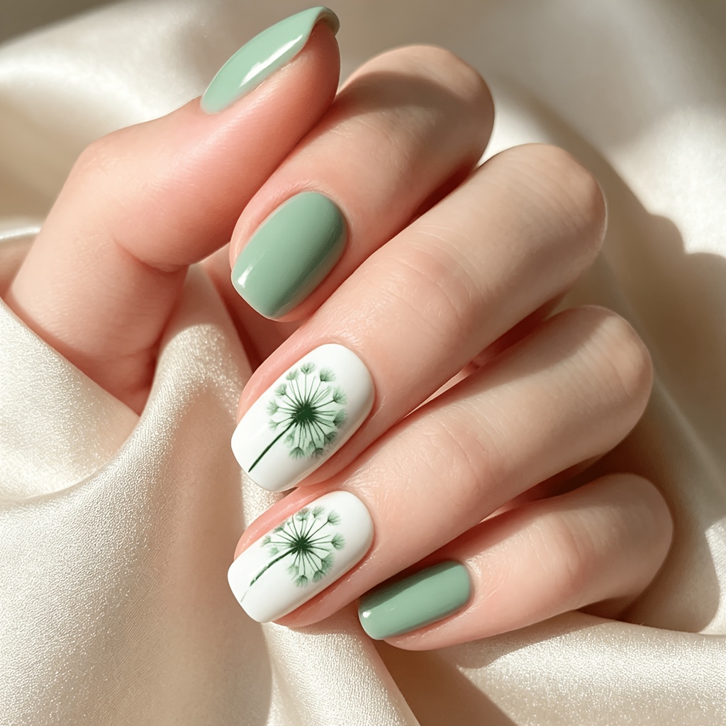 TEMU Green, Dandelion, Glossy, Mid-length, Square Shape, 24pcs, False Nails, Press-on Nail Stickers, Gothic Nails, Nail Art, Nail Set, Women's Nails,