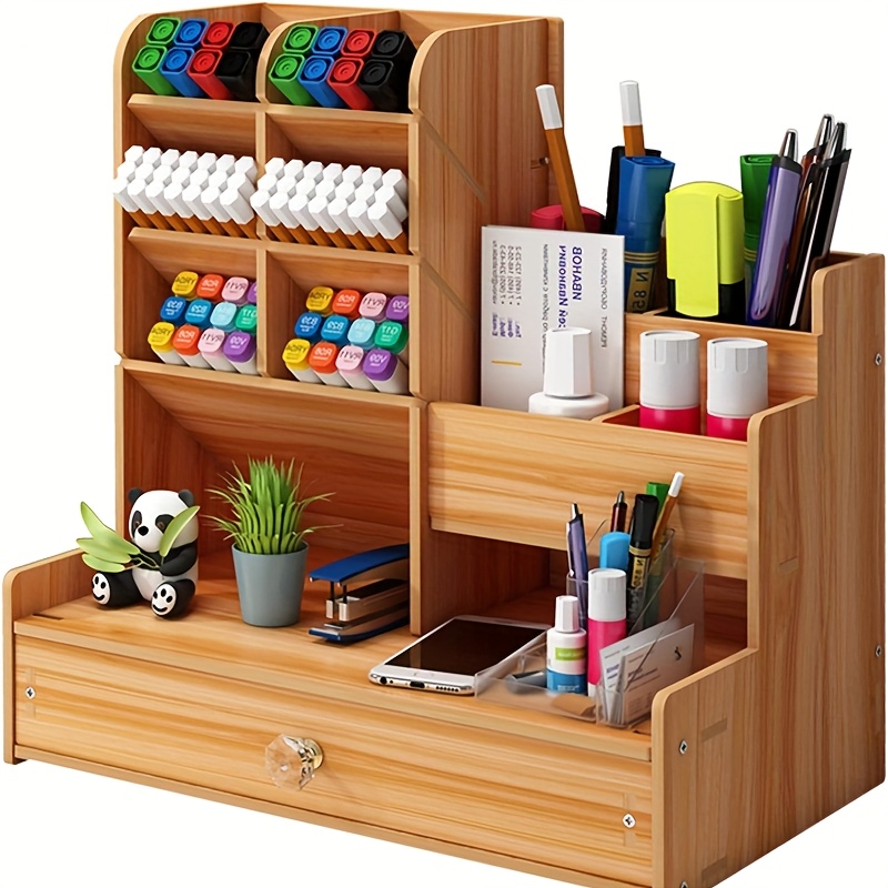 item picture 1pc Desktop Storage Rack, Desk And Drawer Organizer for Home Storage Bamboo Wooden Desk Organizer with Drawer - Multi-Functional Pen Holder, Easy Assembly, Ideal for Home Office And Art Supplies Storage, Desk & Drawer Organizer for Home Storage