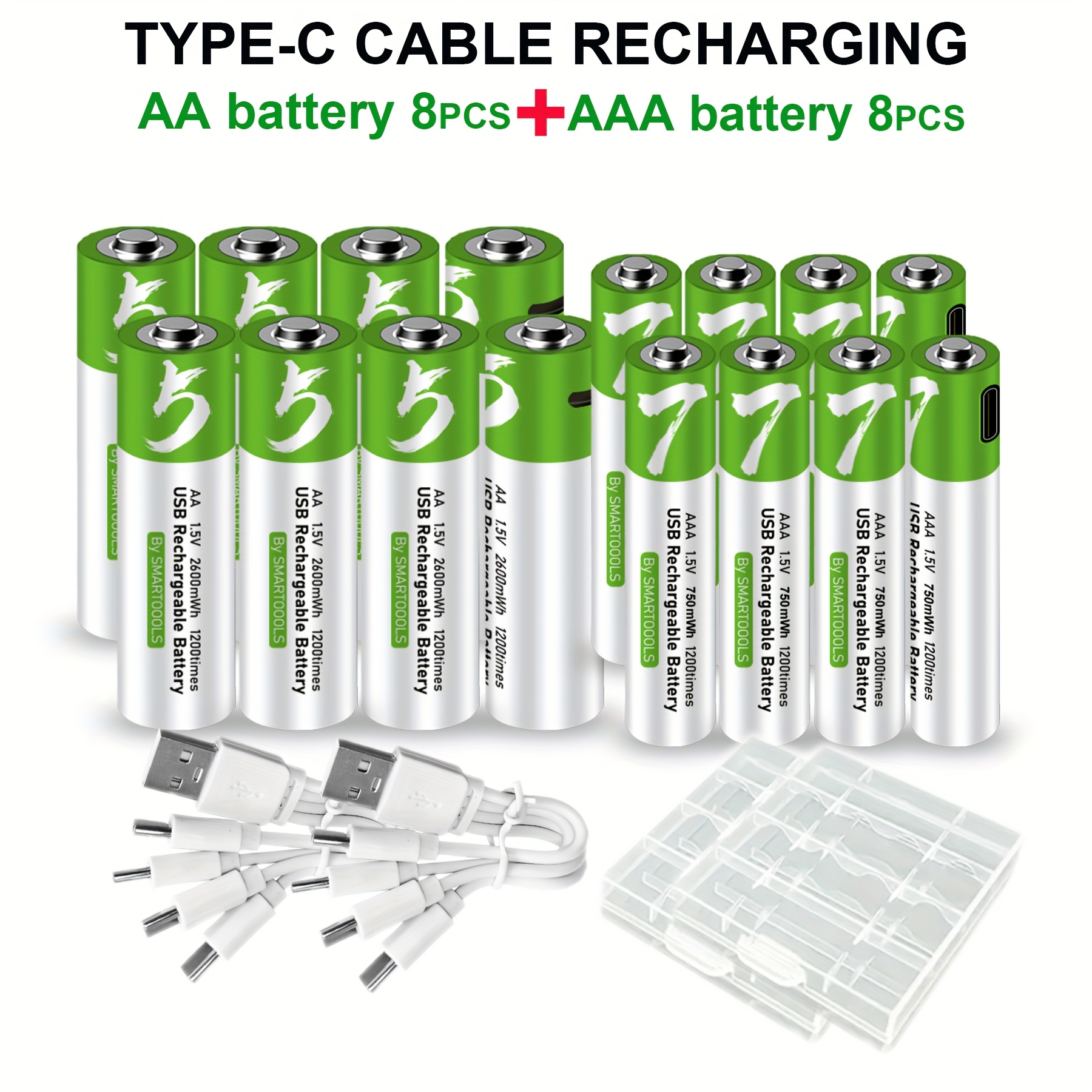 E-shop 8 Stück AA + 8 Stück AAA Batterien Set, Ultra-Langlebige wiederaufladbare Lithium-Ionen-Batterien, Hohe Kapazität 1,5V 1733mAh/2600mWh &