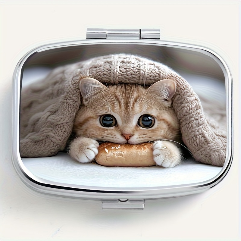 Image of 1pc Cat Pattern Metal Medicine Box In Bed -2-layer Portable Travel Medicine Box, Compact Vitamin Storage Box, Portable Handheld Medicine Box