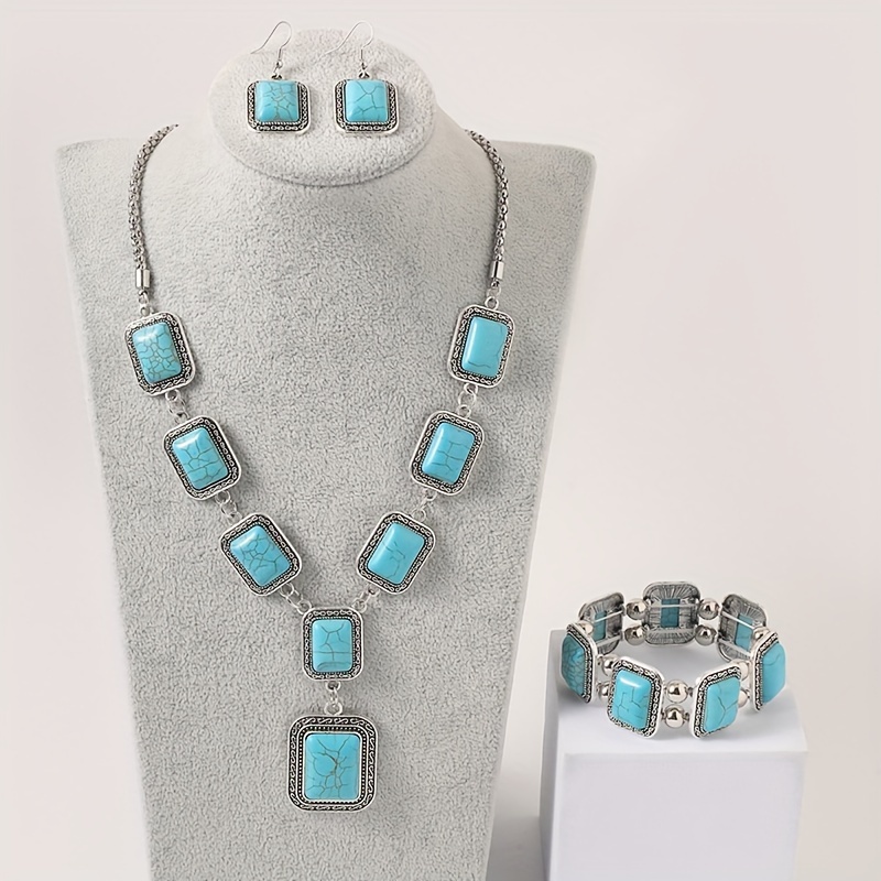 

3-piece Vintage Turquoise Jewelry Set - Timeless Elegance With Handcrafted Necklace+earrings+bracelet, Statement Bohemian Charm Jewelry Set- Perfect For Daily Outfits And Parties