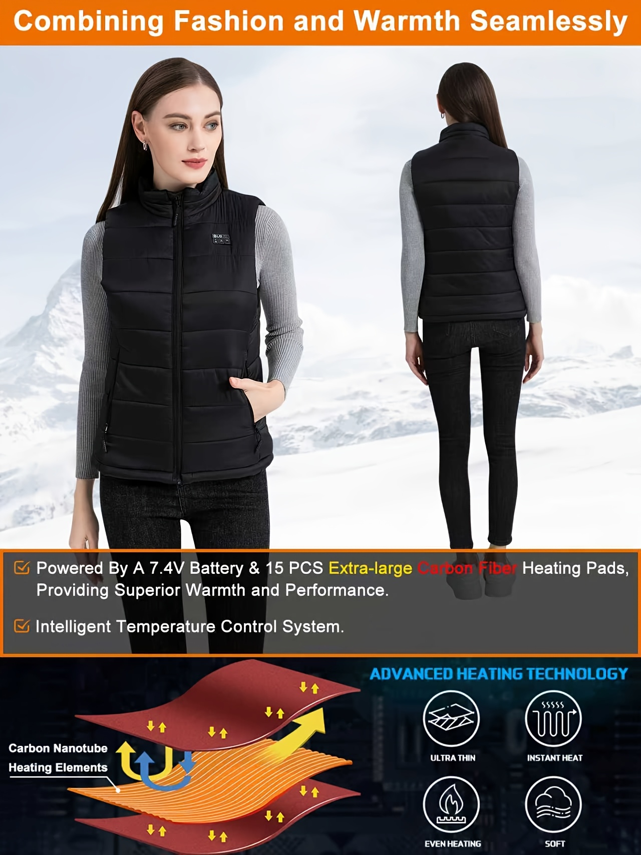 Gilet chauffant pour femmes avec batterie 7.4V 16000mAh à charge rapide | Veste chauffante modèle mis à jour pour femmes, style décontracté avec col montant et détails de fermeture éclair, motif rayé, tissu légèrement extensible