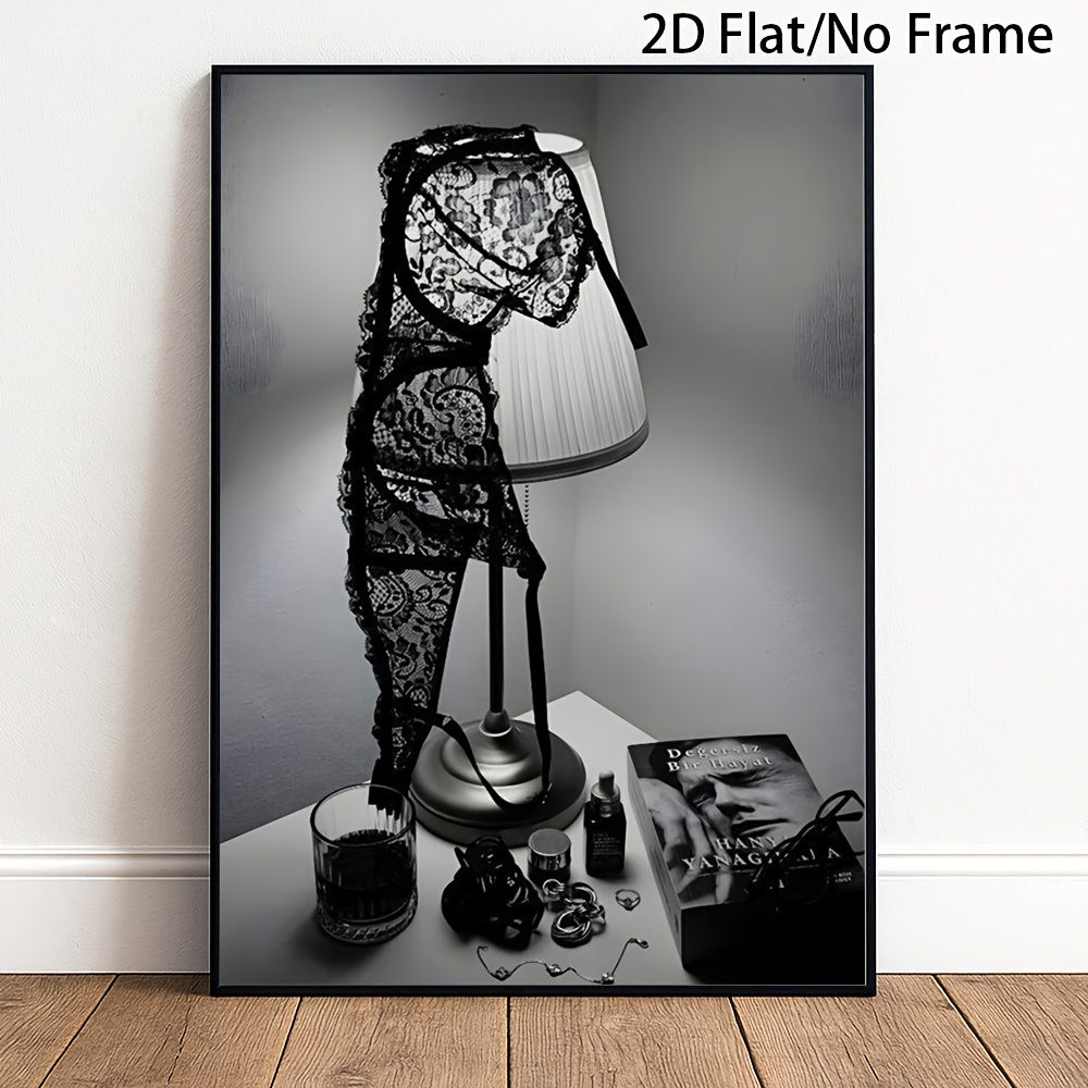 TEMU 2d Flat, 1pc 1pcs Frameless Vertical Canvas Poster - Black & White Lace Lingerie Suitable For Home Bedroom Room Bathroom Decor, Elegant