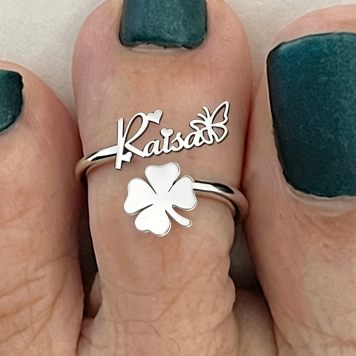 Women's Custom Name Butterfly Leaf Toe Ring, Elegant Gift