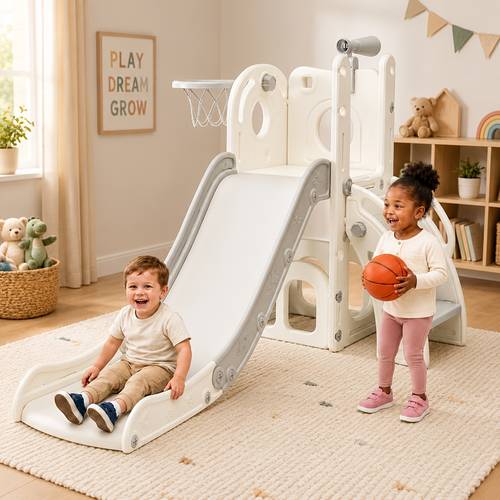 toddler slide kids climber slides baby slider for toddler l shaped indoor outdoor playground playset with basketball hoop storage telescope toy easy assembly gift for boys and girls