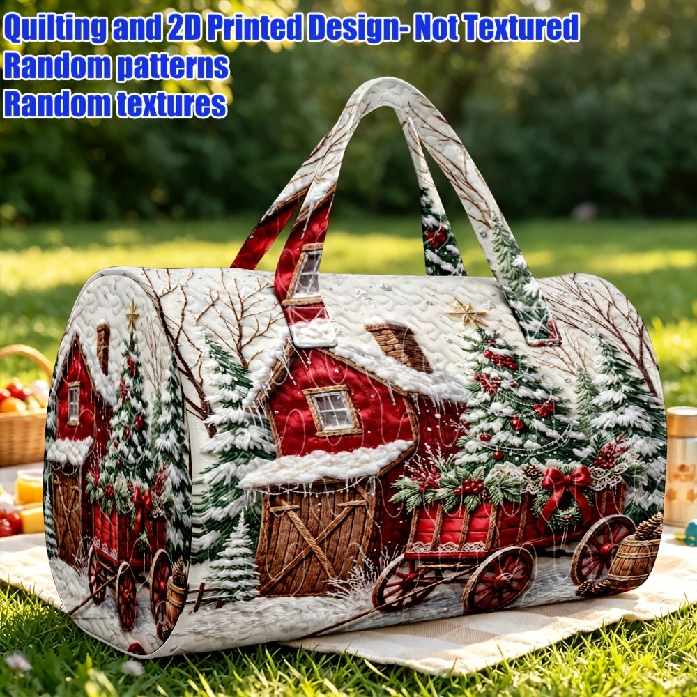 TEMU 1pc 2d Printed Quilted Women's Handbag, Christmas Snow Scene Red House Carriage Pattern, Festive Style Large Capacity Travel Handbag For Weekend