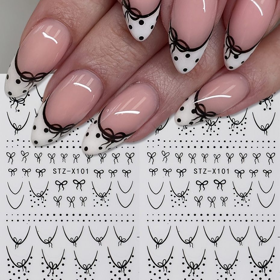 2pcs Black Bow Tie Polka Nail Stickers Cute Mini Irregular Bow Line Self-adhesive Decals Holiday And Weddings Elegant Sliders Nail Decoration For And Women