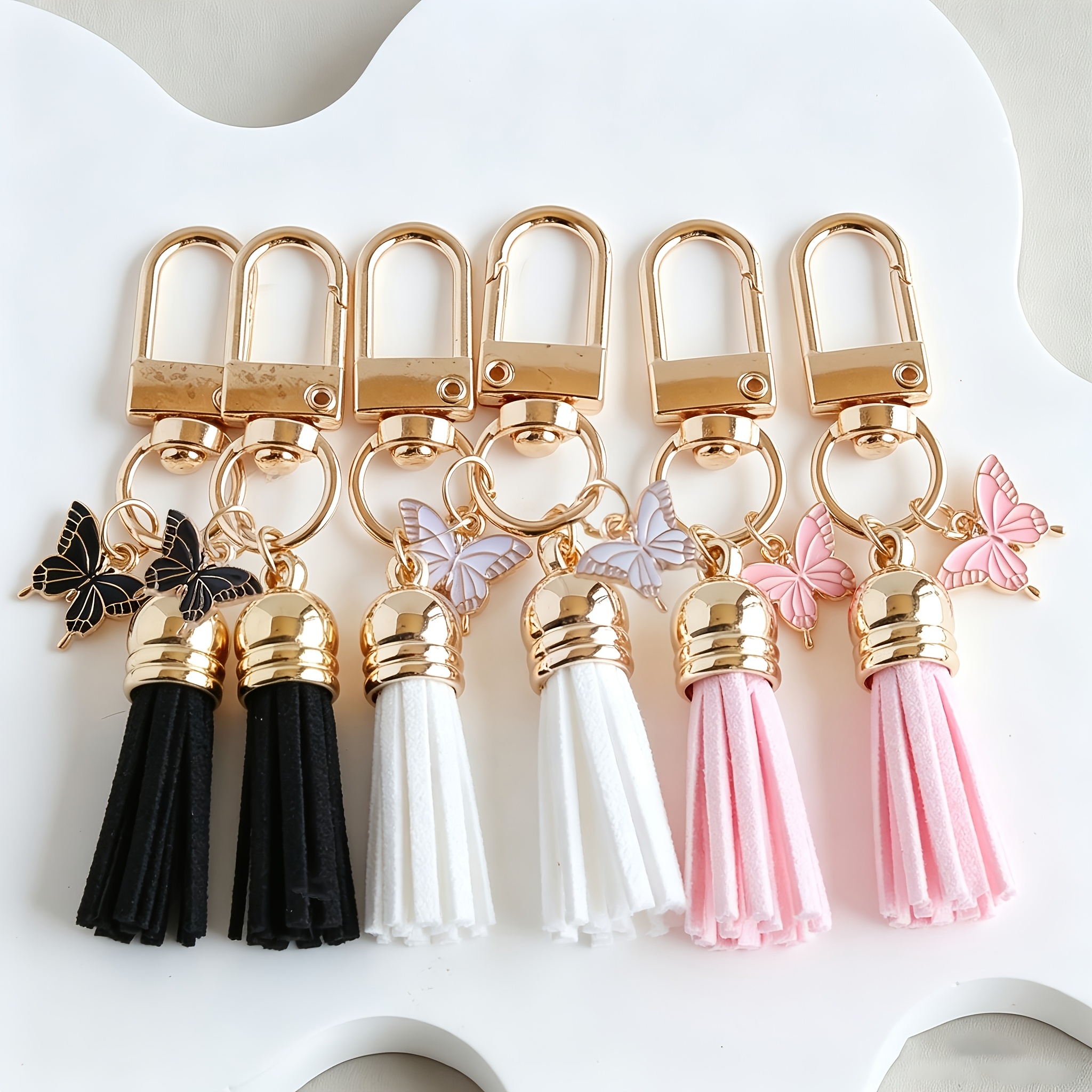 TEMU 6pcs Pendant Tassel Keychain Bulk For Adults - Elegant Metal Charm For Handbag Purse Wallet Decoration - White Black Pink Multicolor Key Ring