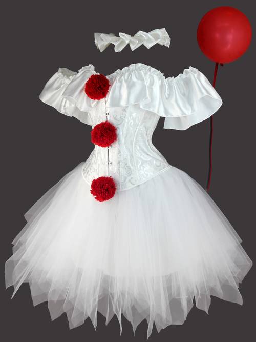 Black and White Clown Costume Set for Halloween, CORSET, TUTU Skirt, and Scarf Three-Piece Outfit