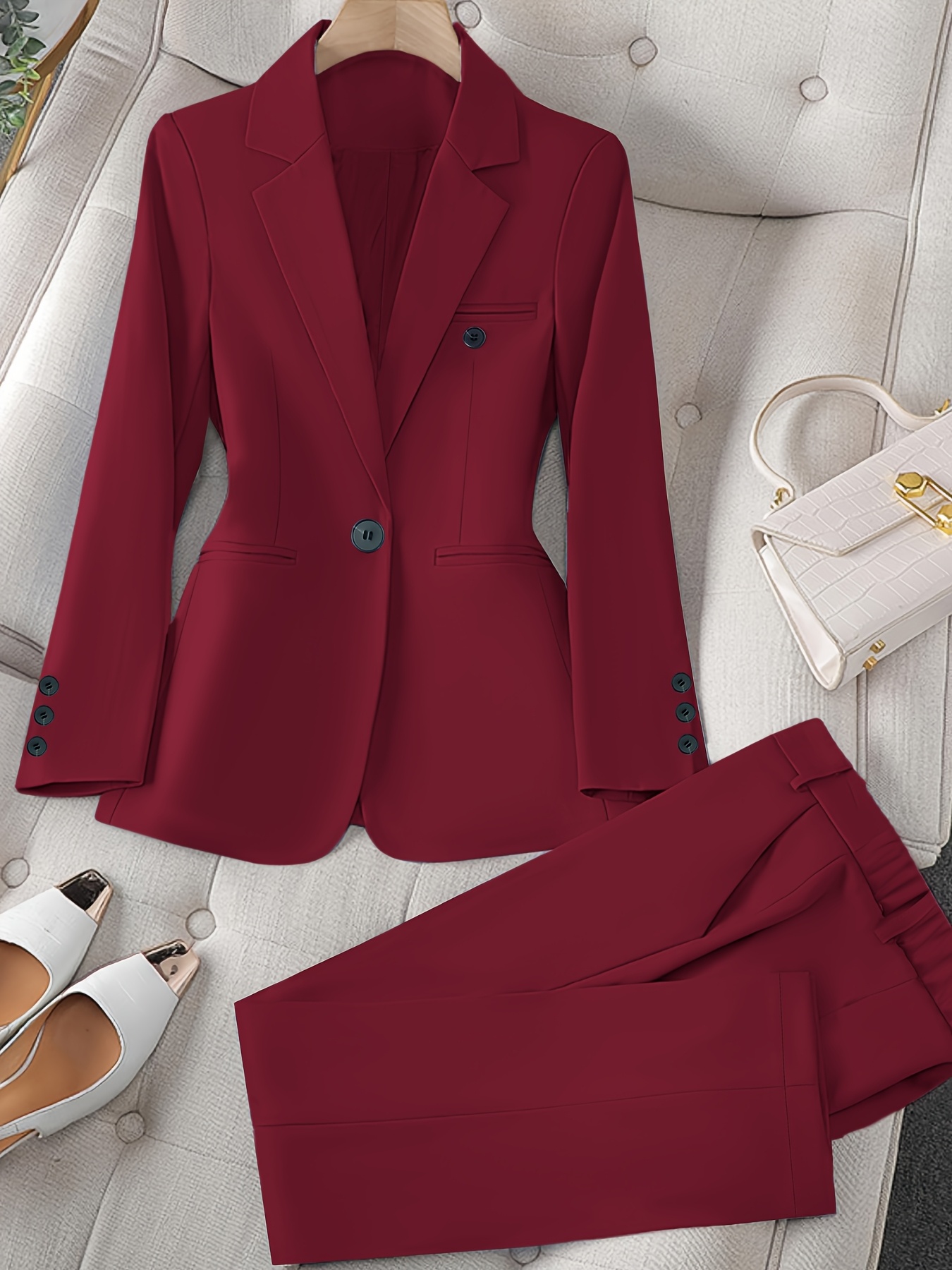 Women'S Casual Two-Piece Set, Fashionable Business Style, Solid Color Long Sleeve Blazer and Pants, Polyester, Button-Up, Regular Fit, with Weekend Casual Wea