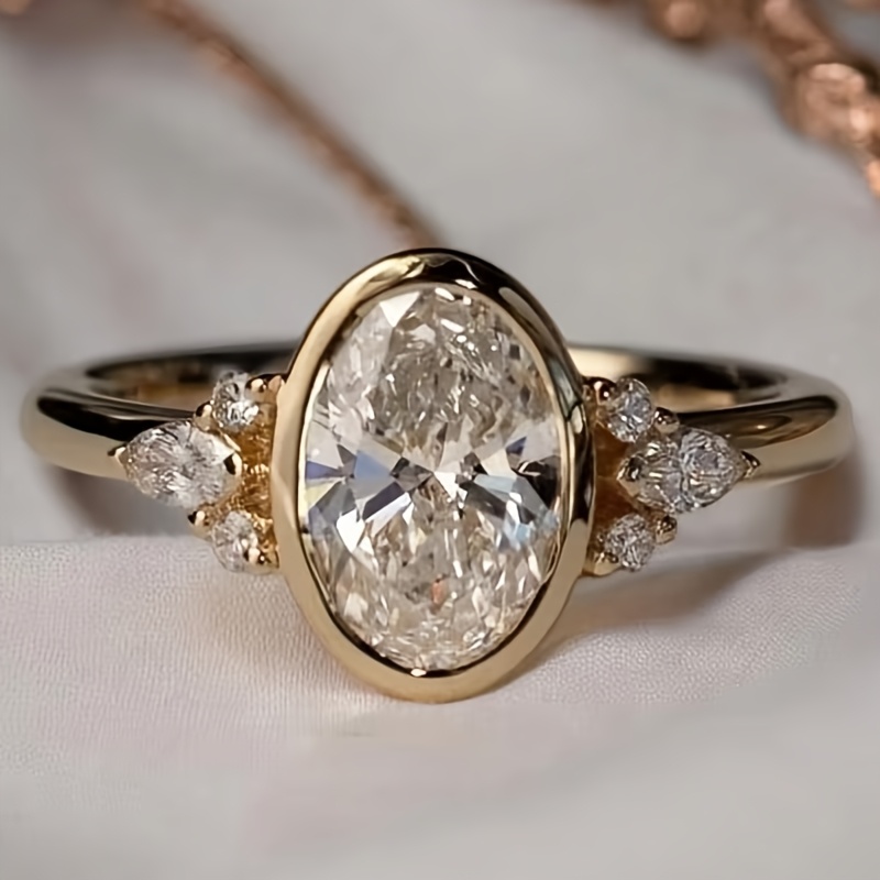 TEMU Classic Elegant Oval Synthetic Cubic Zirconia Ring, Suitable For Women's Wedding Parties And Daily Banquets, Exquisite Jewelry Gift For Women