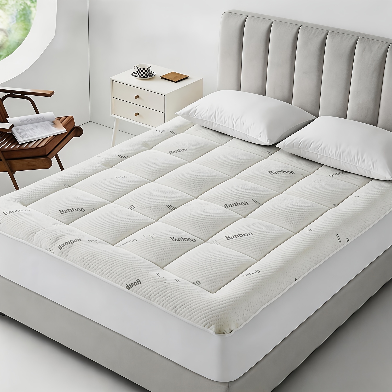 TEMU Surmatelas en bambou, protège-matelas rafraîchissant - Fibre respirante et rembourrage en microfibre, housse de matelas à poche profonde de 8 à