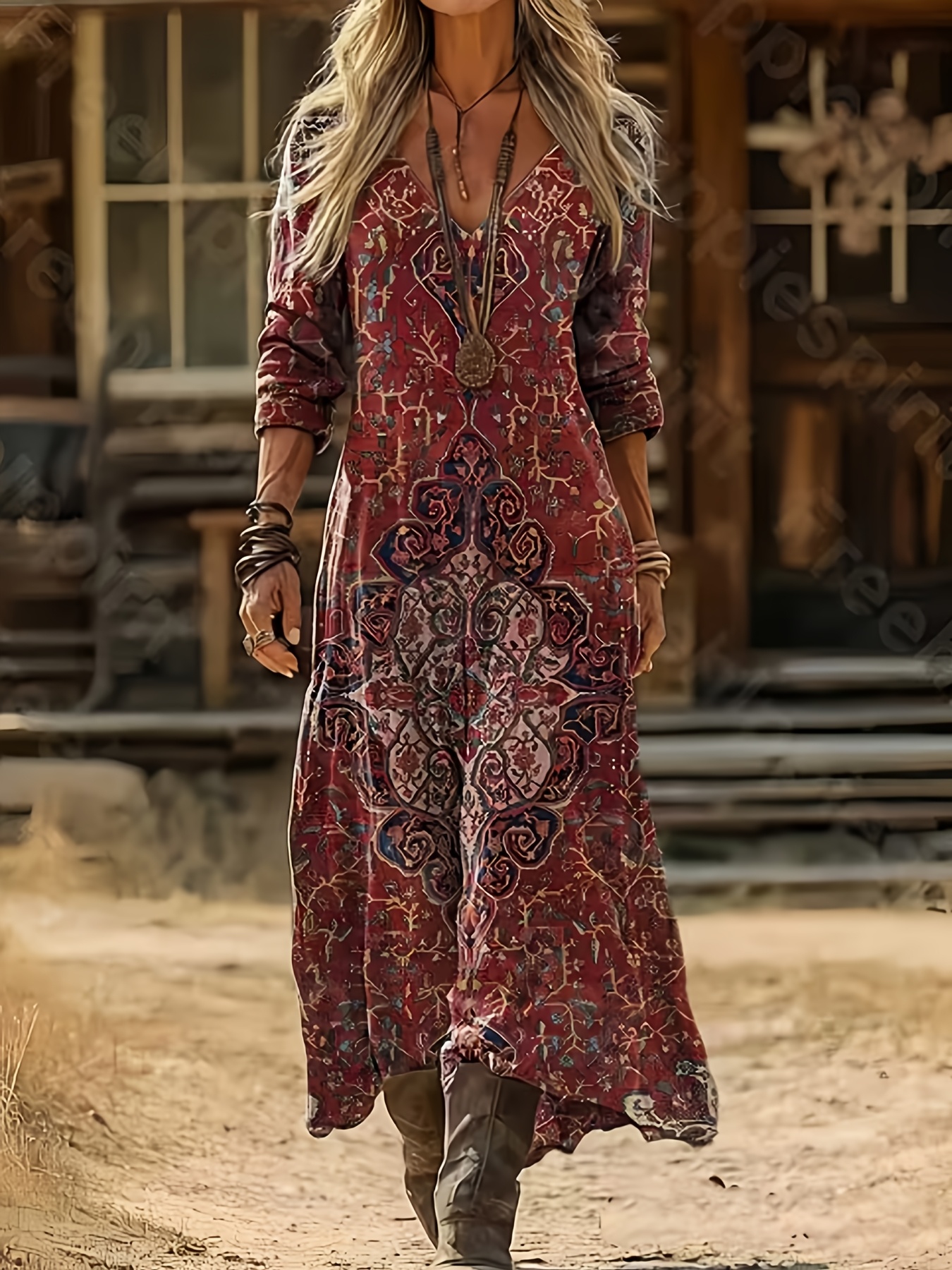 Bohemian Outfit Only Boho Kleid Plus Size Plus Size Plus-Size Women'S Long  Base Dress Featuring A Vintage Ethnic Floral Print, Long Sleeves, And A  V-Neck Elegant Vacations