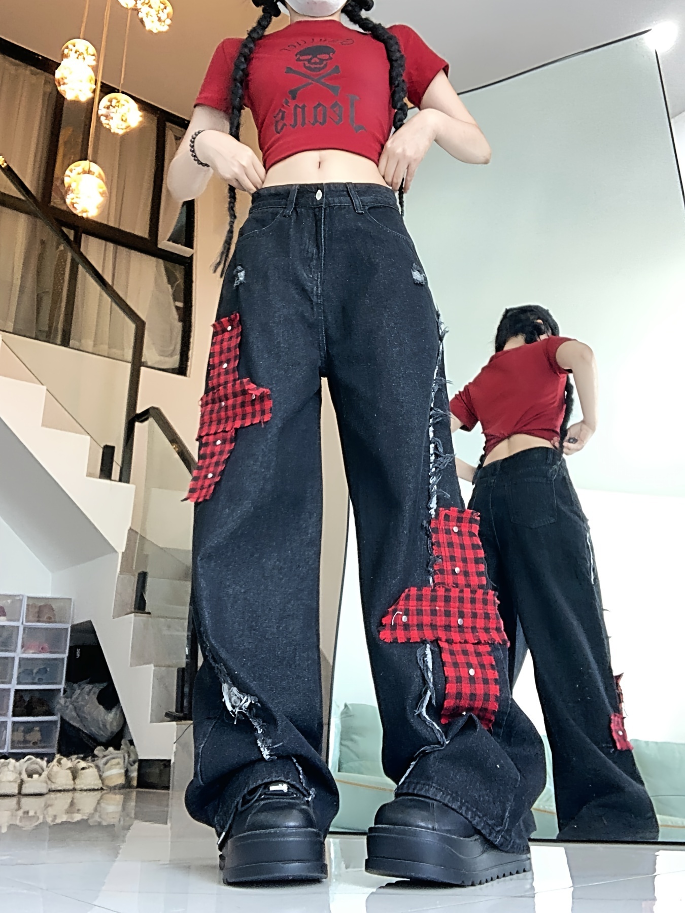 pantalones vaqueros anchos estampado cuadros Temu Mexico