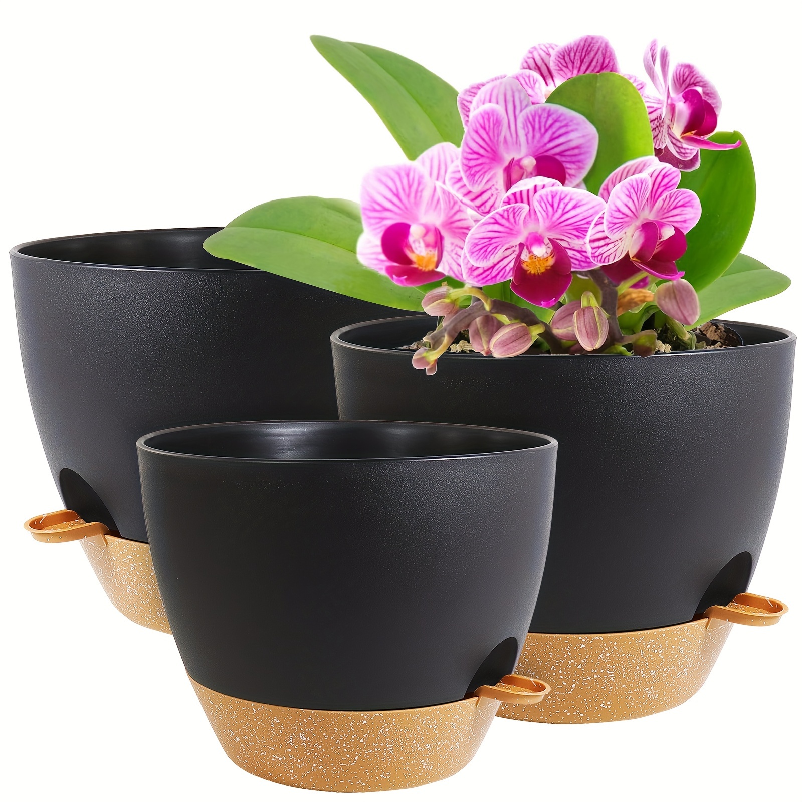 

3-piece Set Of Automatic Watering Plant Pots: 12", 10", And 9" Diameter, With Drainage Holes And Decorative Base, Suitable For Indoor And Outdoor Plants