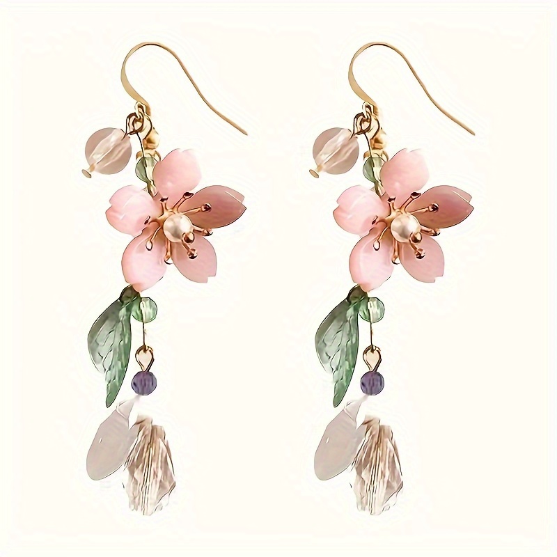 

Pink Cherry Blossom Asymmetrical Dangle Earrings - Vacation & Parties, Resin