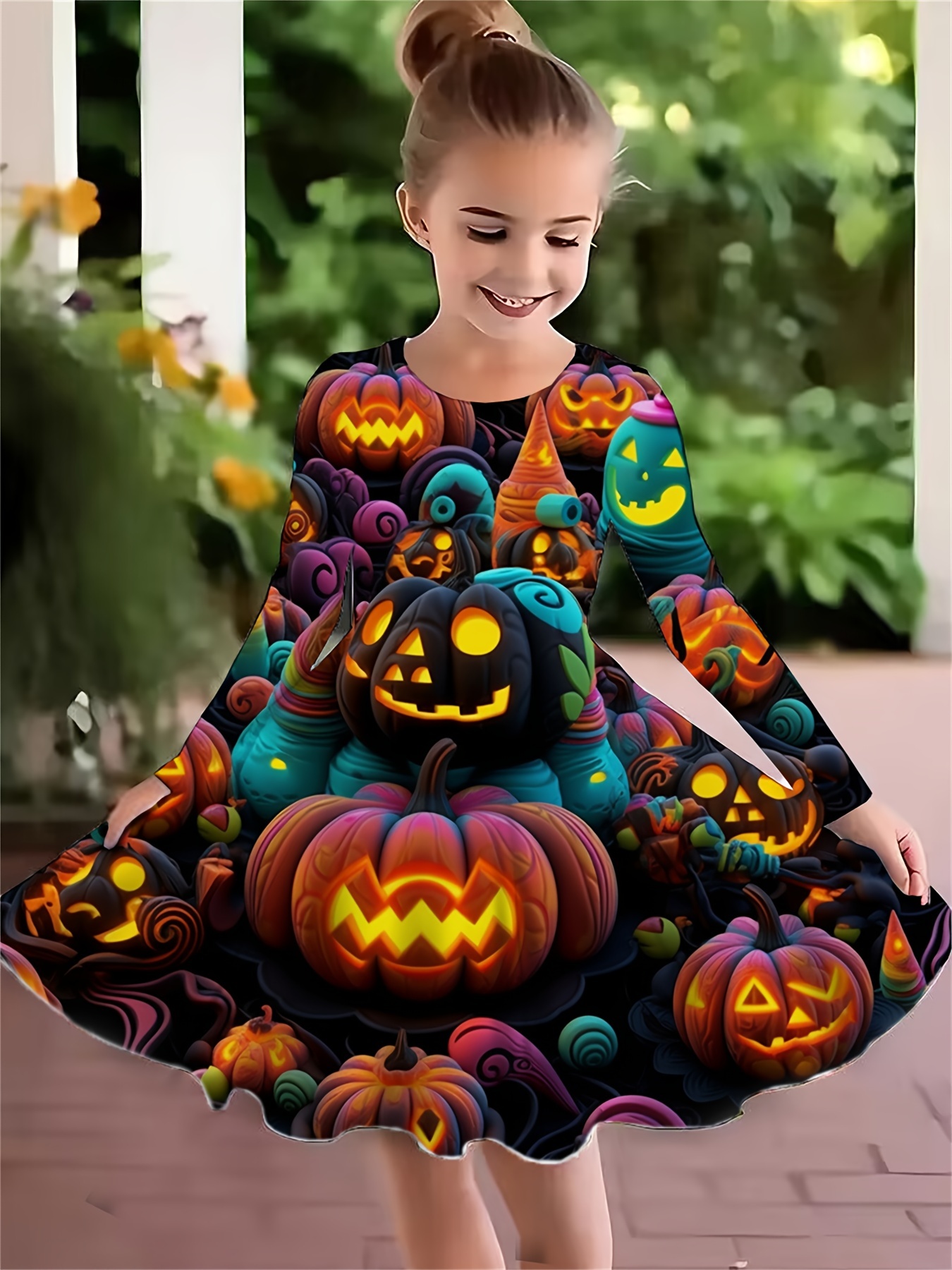 meisjes halloween jurk met 3d pompoenprint lange mouwen a - Temu Belgium, image size:800x1067