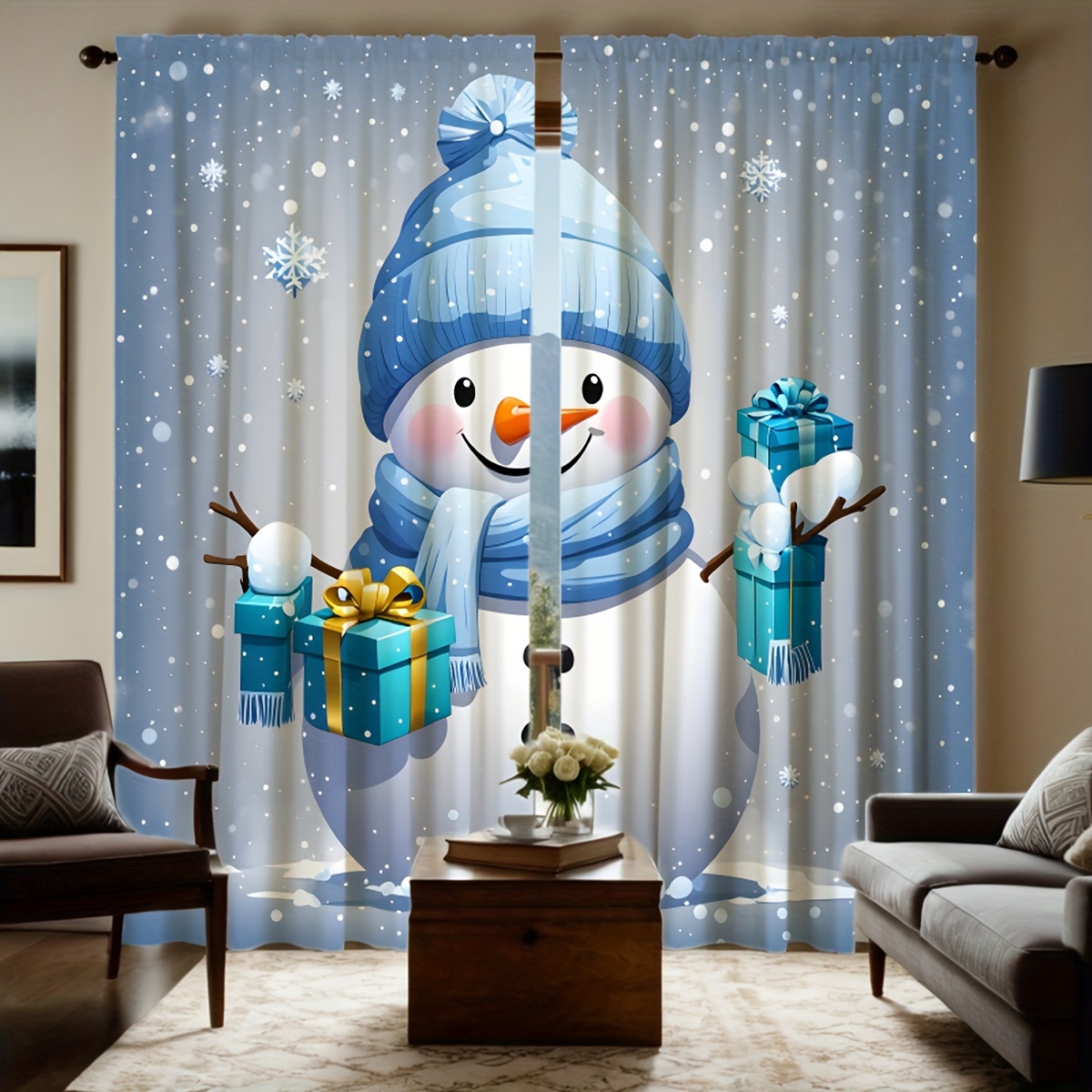 

Christmas Snowman With Gifts Decorative Drapes, , Machine Washable, Flannel Weave Rod , Arts & Print For Bedroom, Polyester, Semi-sheer Unlined - Set Of 2