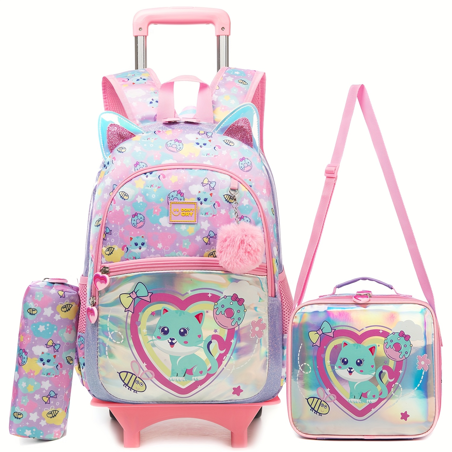 Rolling Backpack for Kids 3pcs Girl's Wheeled Backpack Carry On  Luggage Set with Lunch Bag and Pencil Case School Bag with Wheels Travel