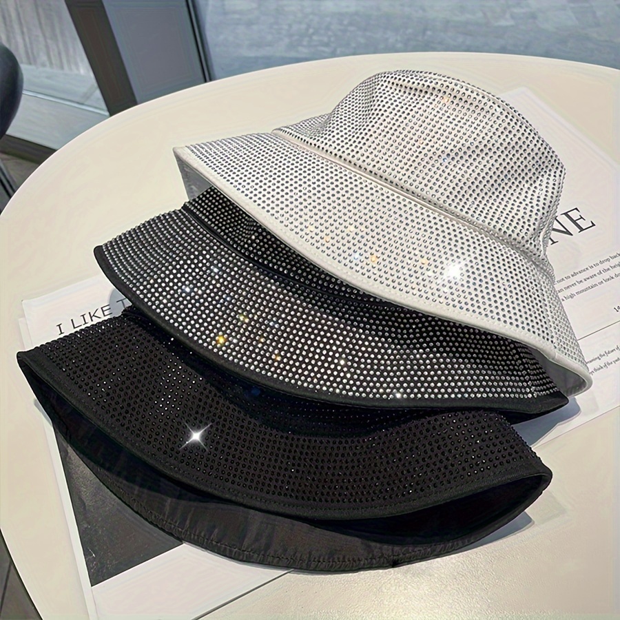 

Rhinestone Stylish Bucket Hat Versatile Foldable Fisherman Cap Adjustable Sun Protection Travel Hats For Women