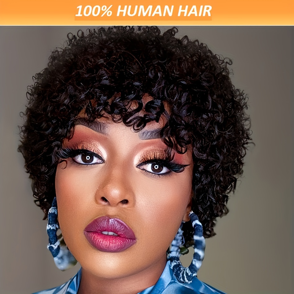 

Women's Pixie Afro Wig With Bangs - 180% Density Brazilian Remy Human Hair, Non-lace, Easy Wear, Versatile Style For All Occasions