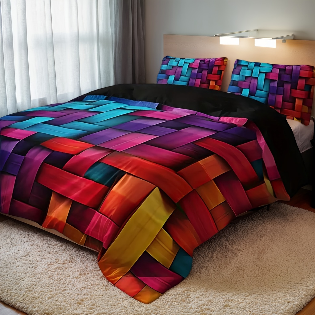 TEMU 3 pièces Housse de Couette en à Imprimé Grille Colorée 3D, Décoration Moderne Imprimée Numérique, Cadeau pour Famille et Amis - Literie Douce et